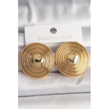 Pirinç Gold Renk Kalp İşlemeli Daire Plaka Model Kadın Küpe TJ-BKP10155