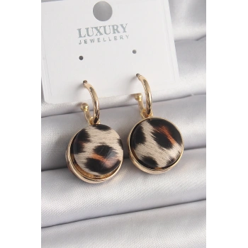 Pirinç Gold Renk Leopar Desenli Daire Model Kadın Küpe TJ-BKP9878