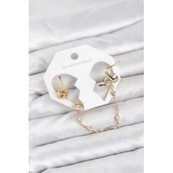 Pirinç Gold Renk Yılan Model Zincir Bağlantılı Ear Cuff Küpe Seti TJ-BKP11532