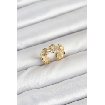 Pirinç Gold Renk Yonca Model Kadın Yüzük TJ-BYK3894
