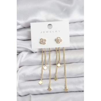 Pirinç Gold Renk Yonca Model Sallantılı Kadın Küpe TJ-BKP11455