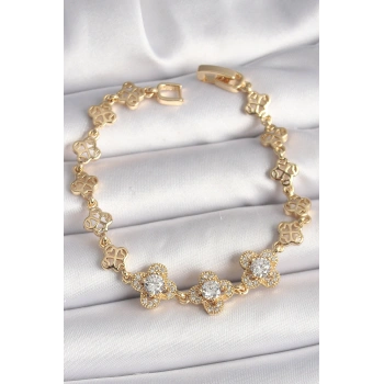 Pirinç Gold Renk Zirkon Taşlı Yonca Model Kadın Bileklik TJ-BB6812