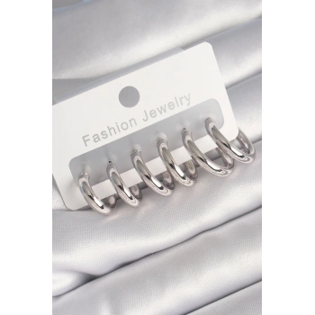 Pirinç Gümüş Renk Halka Model Kadın Küpe Seti - TJ-BKP8764