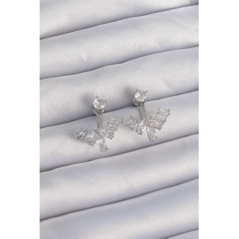 Pirinç Gümüş Renk Zirkon Taşlı V Model Küpe TJ-BKP9290