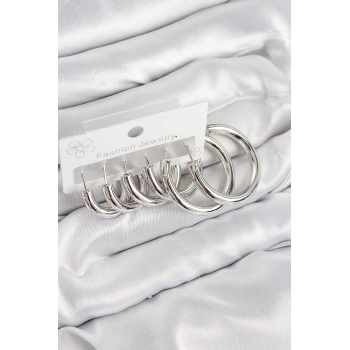 Pirinç Halka Model Gümüş Renk Kadın Set Küpe TJ-BKP11056