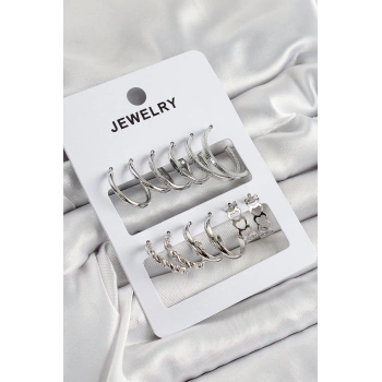 Pirinç Karışık Halka Model Gümüş Renk 6 Çift Kadın Küpe Set TJ-BKP10877