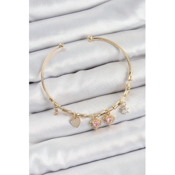 Pirinç Zirkon Taşlı Pembe Kalp Model Gold Renk Charm Bileklik TJ-BB7356