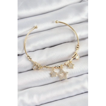 Pirinç Zirkon Taşlı Yıldız Model Gold Renk Charm Bileklik TJ-BB7352