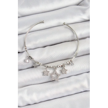Pirinç Zirkon Taşlı Yıldız Model Gümüş Renk Charm Bileklik TJ-BB7347