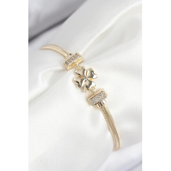 Pirinç Zirkon Taşlı Yonca Model Gold Renk Kadın Bileklik TJ-BB7897