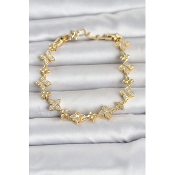 Pirinç Zirkon Taşlı Yonca Model Gold Renk Kadın Bileklik TJ-BB8494