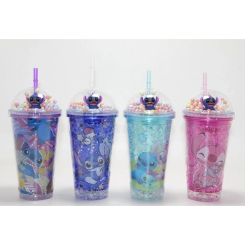 Sevimli Stitch Işıklı Pipetli Pullu Suluk & Bardak 400 Ml  Alk4704