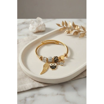 Siyah Baykuş Model Gold Renk Charmlı Bileklik TJ-BB8683