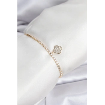 Yonca Model Zirkon Taşlı Gold Renk Asansörlü Su Yolu Bileklik TJ-BB8244