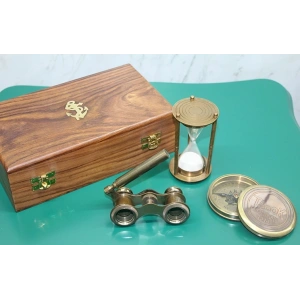 Ahşap Kutulu Pirinç Pusula,Kumsaati,Dürbün Seti 15682