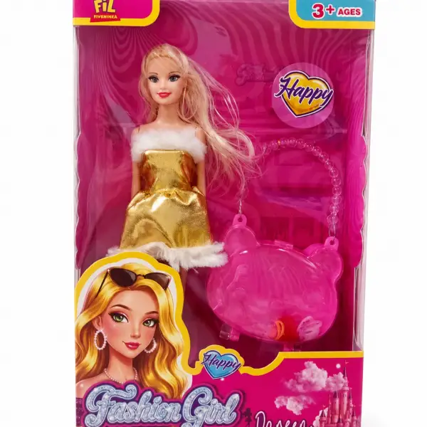 GOLD ELBİSELİ ÇANTALI BARBİE BEBEK*56