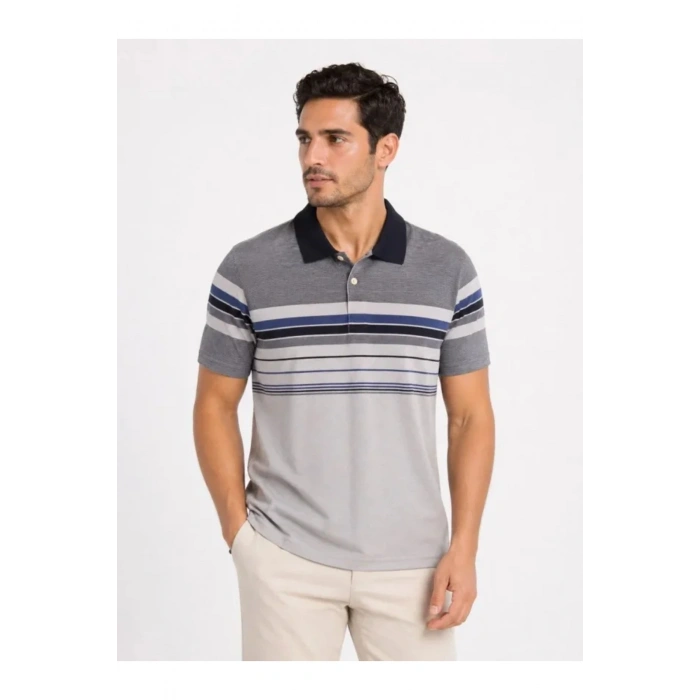 Erkek Flamlı Penye Çizgili Polo Yaka Tişört Kısa Kol Yazlık T-Shirt - Gri