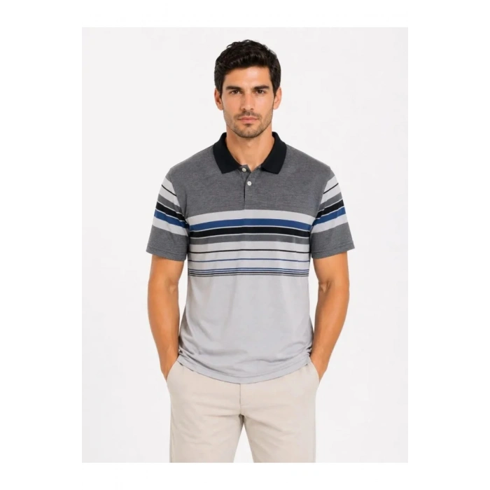 Erkek Flamlı Penye Çizgili Polo Yaka Tişört Kısa Kol Yazlık T-Shirt - Gri