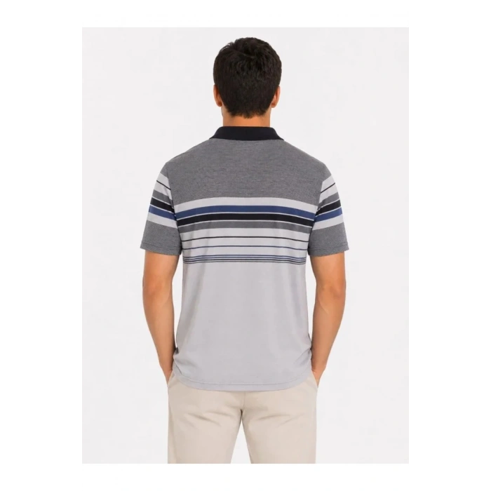 Erkek Flamlı Penye Çizgili Polo Yaka Tişört Kısa Kol Yazlık T-Shirt - Gri