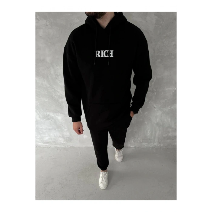 Uzun Kol Kapşonlu Göğüs Baskılı SweatShirt - Siyah