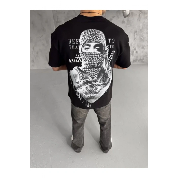 Unisex Baskılı Oversize T-Shirt - Siyah