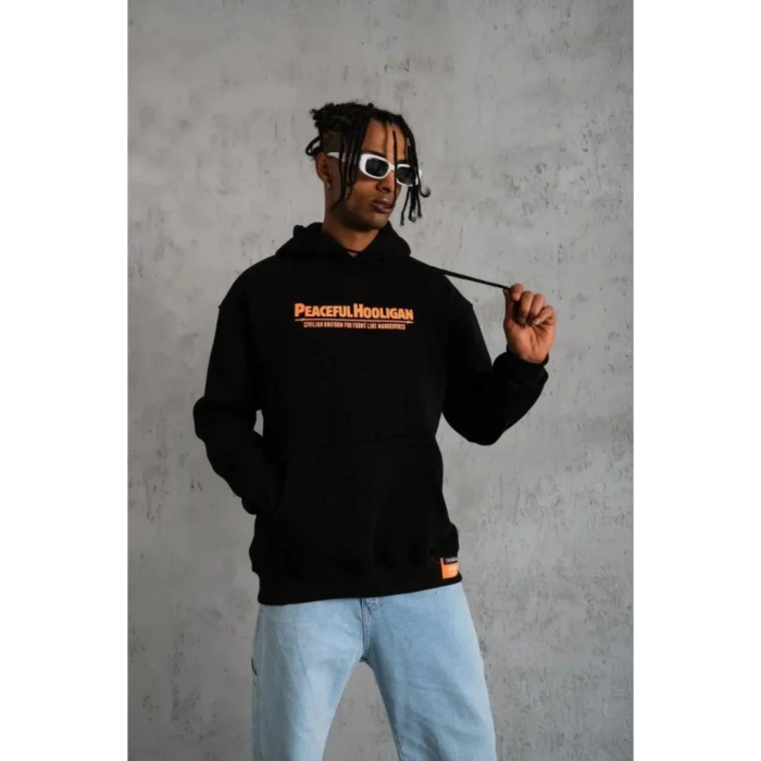 Erkek Armalı Baskılı Kapüşonlu Sweatshirt - Siyah