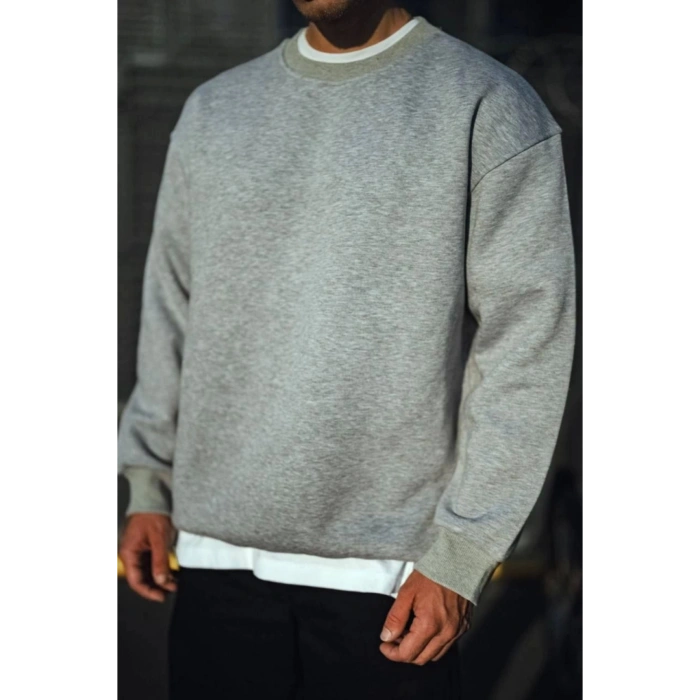 Kışlık Bisiklet Yaka Üç İplik Basic SweatShirt - Gri