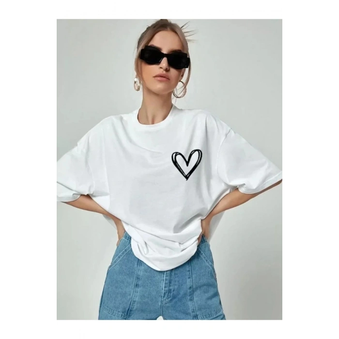 Bisiklet Yaka Baskılı Oversize T-Shirt - Beyaz
