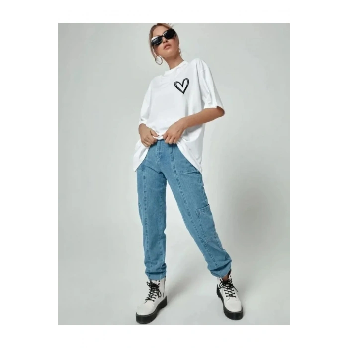 Bisiklet Yaka Baskılı Oversize T-Shirt - Beyaz