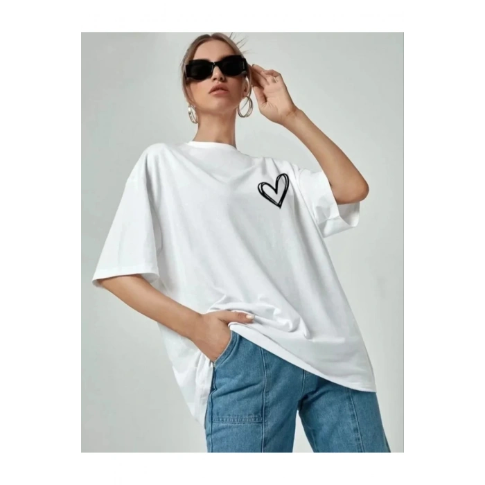 Bisiklet Yaka Baskılı Oversize T-Shirt - Beyaz