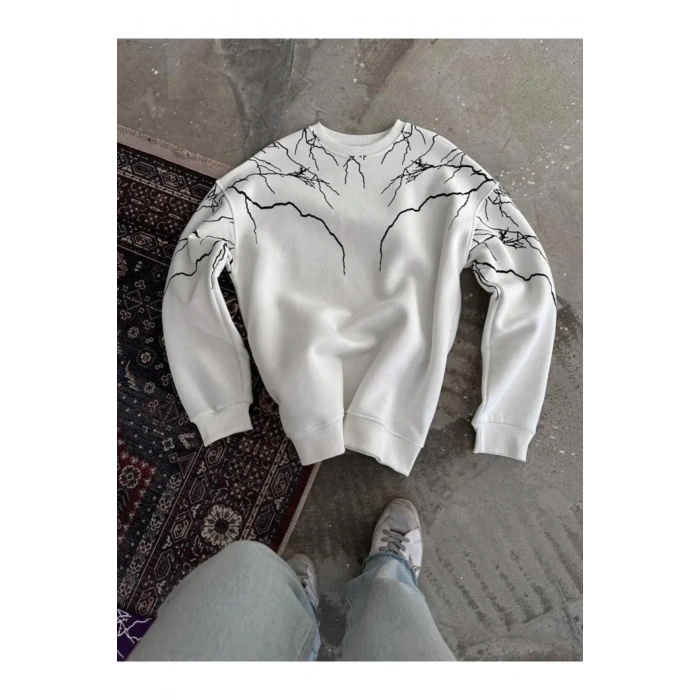 Yıldırım Baskılı Bisiklet Yaka SweatShirt - Beyaz
