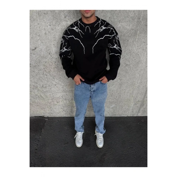 Yıldırım Baskılı Bisiklet Yaka SweatShirt - Siyah