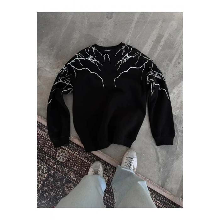Yıldırım Baskılı Bisiklet Yaka SweatShirt - Siyah
