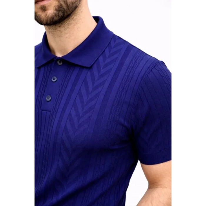 Erkek Yazlık Triko Tişört Kısa Kol Polo Yaka Düğmeli T-Shirt - Lacivert