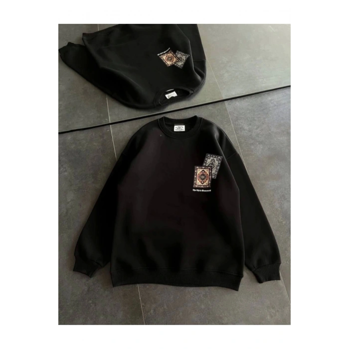 Bisiklet Yaka Baskılı SweatShirt - Siyah
