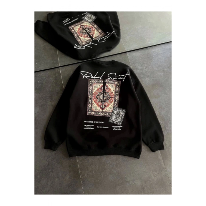 Bisiklet Yaka Baskılı SweatShirt - Siyah