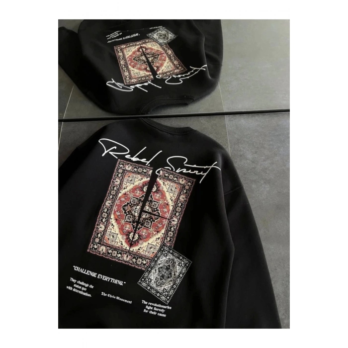 Bisiklet Yaka Baskılı SweatShirt - Siyah