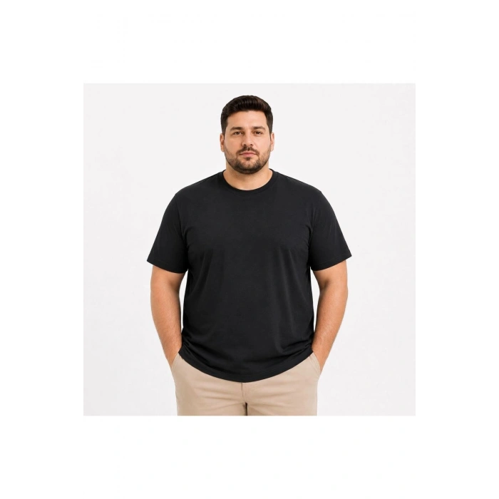 Erkek Battal Big Size Basic Tişört Bisiklet Yaka Rahat Kalıp T-Shirt - Siyah
