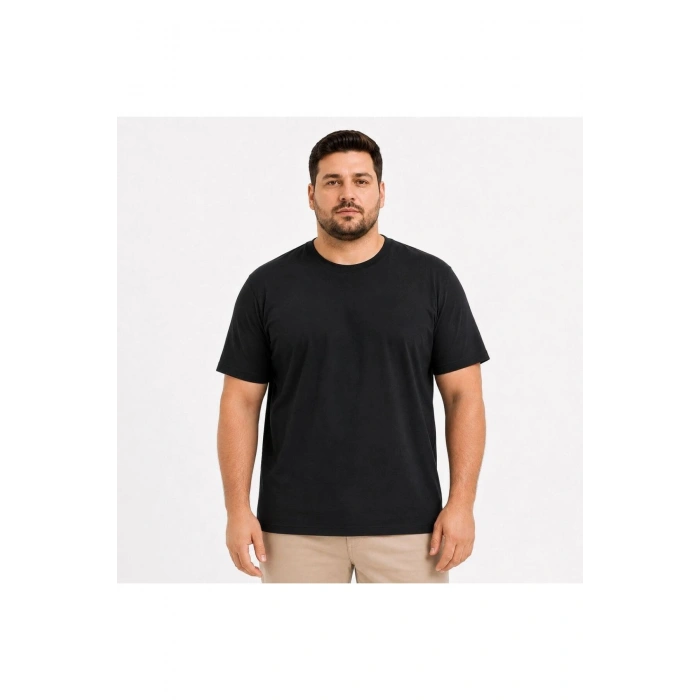Erkek Battal Big Size Basic Tişört Bisiklet Yaka Rahat Kalıp T-Shirt - Siyah