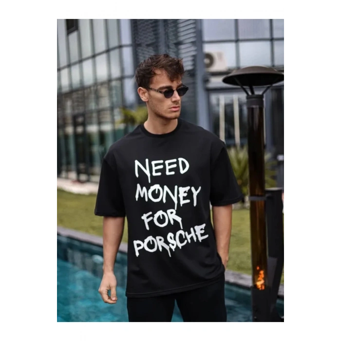 Unisex Bisiklet Yaka Baskılı Oversize T-Shirt - Siyah