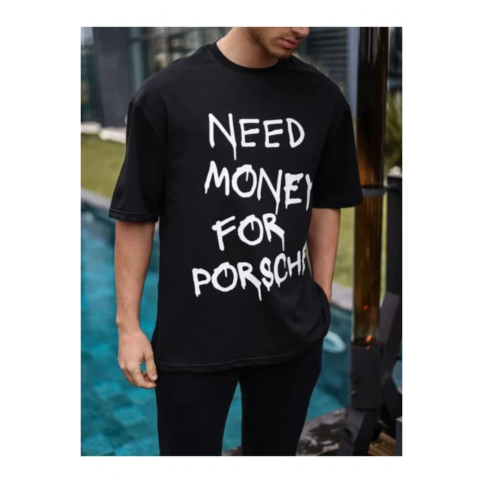 Unisex Bisiklet Yaka Baskılı Oversize T-Shirt - Siyah