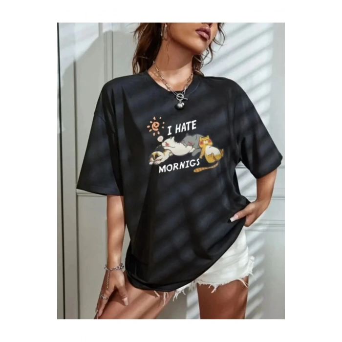 Bisiklet Yaka Baskılı Oversize T-Shirt - Siyah