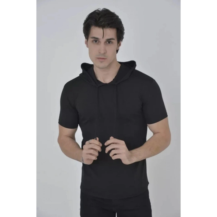 Erkek Kapşonlu Slim Fit T-shirt - Siyah