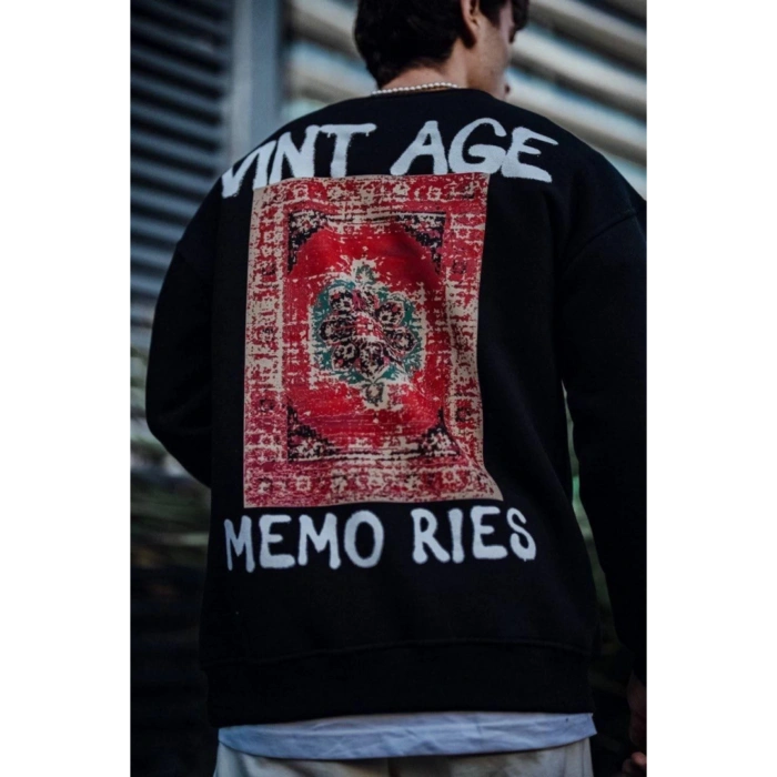 Oversize Bisiklet Yaka Üç İplik Baskılı SweatShirt - Siyah