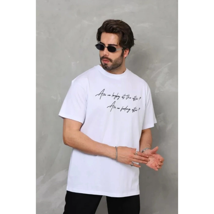 Unisex Bisiklet Yaka Baskılı Oversize T-Shirt - Beyaz