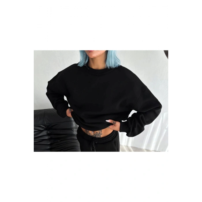 Kışlık Bisiklet Yaka Üç İplik Basic SweatShirt - Siyah