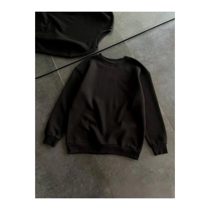 Kışlık Bisiklet Yaka Üç İplik Basic SweatShirt - Siyah