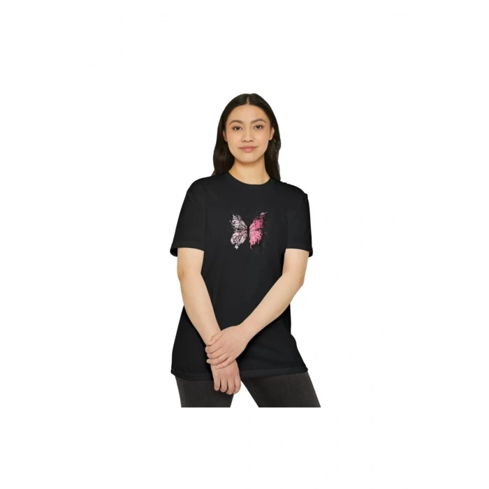 Unisex Bisiklet Yaka Baskılı T-Shirt - Siyah