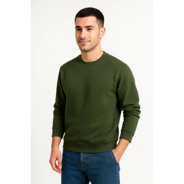 Erkek Üç İplik Düz Bisiklet Yaka SweatShirt - Haki