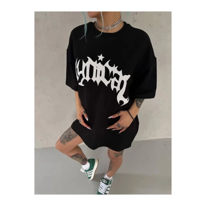 Unisex Bisiklet Yaka Baskılı Oversize T-Shirt - Siyah